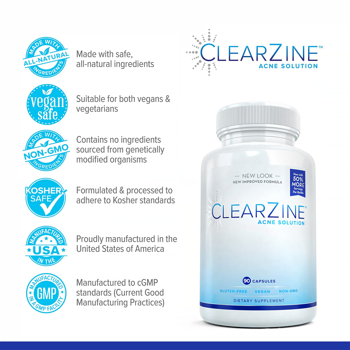 ClearZine Complément Alimentaire Anti-Acné 90 Capsules sur fond blanc