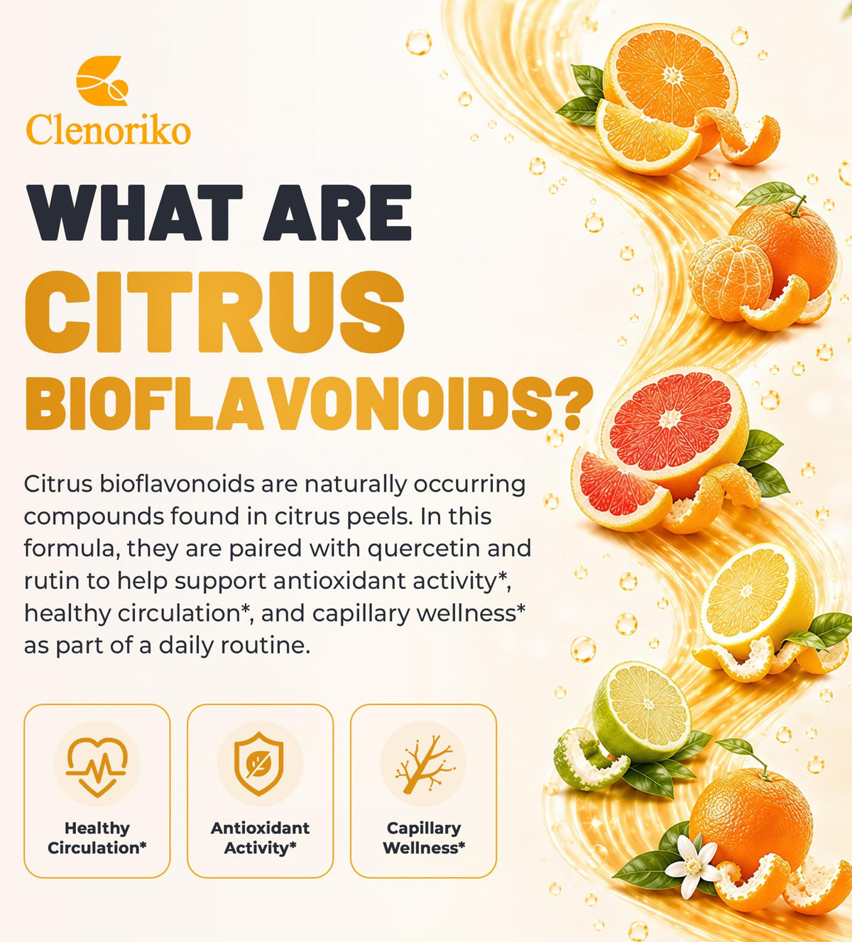 Clenoriko Bioflavonoïdes 1000mg avec fruits d'agrumes en arrière-plan