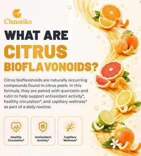 Clenoriko Bioflavonoïdes 1000mg avec fruits d'agrumes en arrière-plan