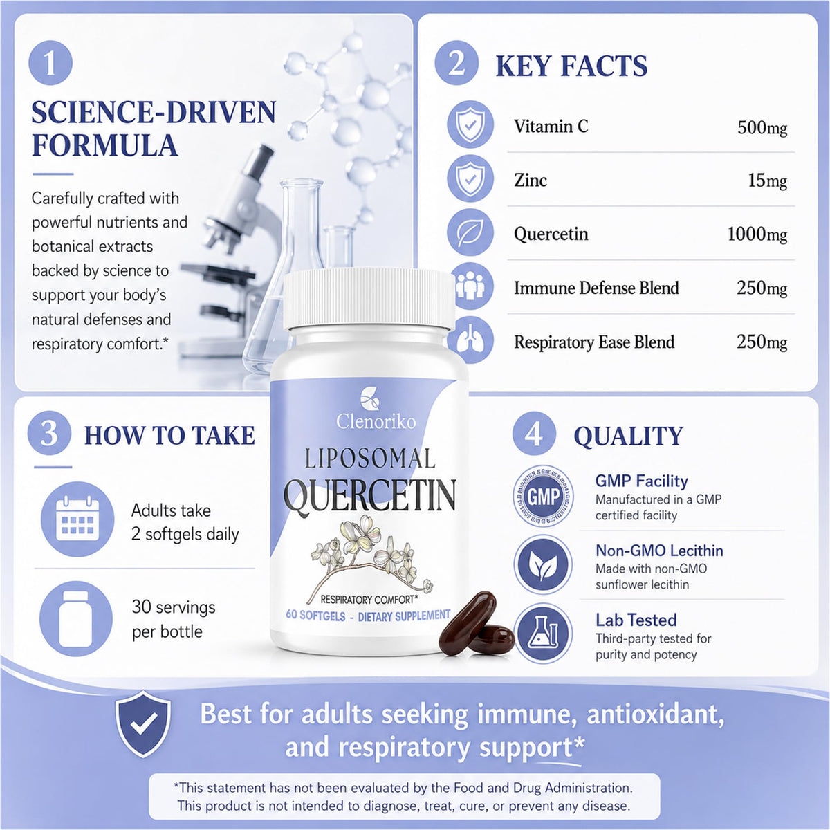 Clenoriko Quercetin Complex 1000mg 60 gélules molles avec verre d'eau