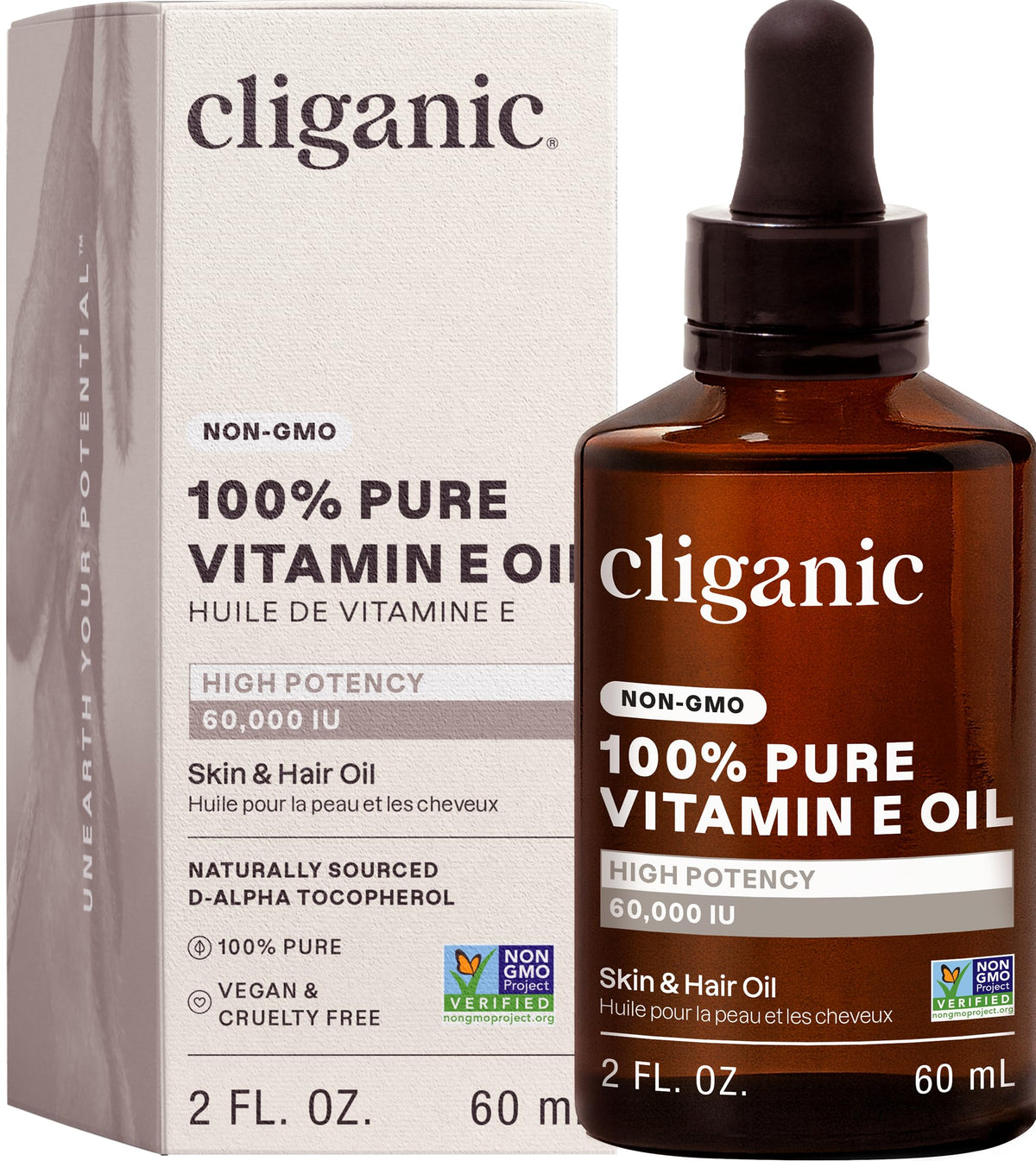 Cliganic Huile de Vitamine E Pure 60 000 UI 132g vue de face