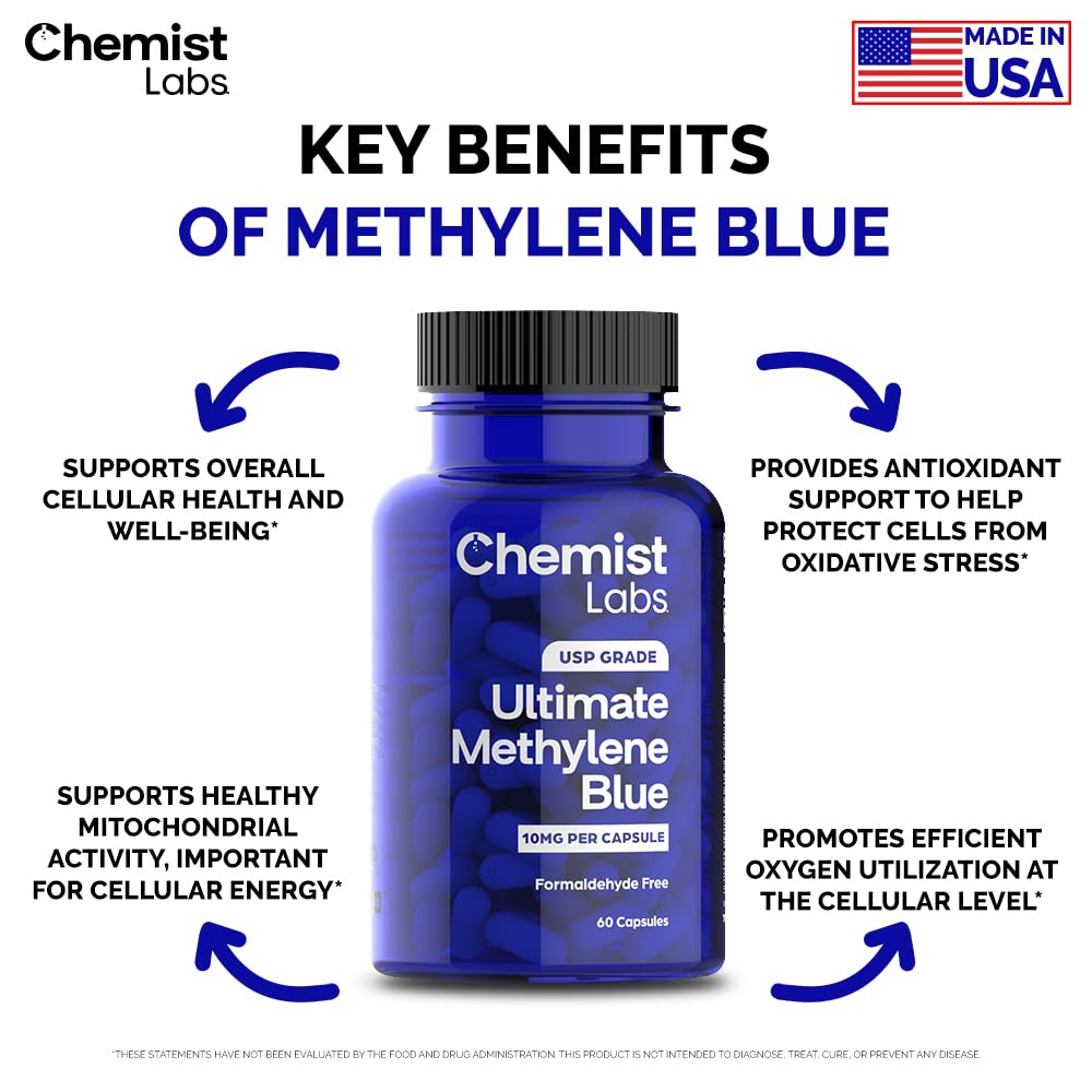 Close-up of a single Chemist Labs Methylene Blue 10mg capsule