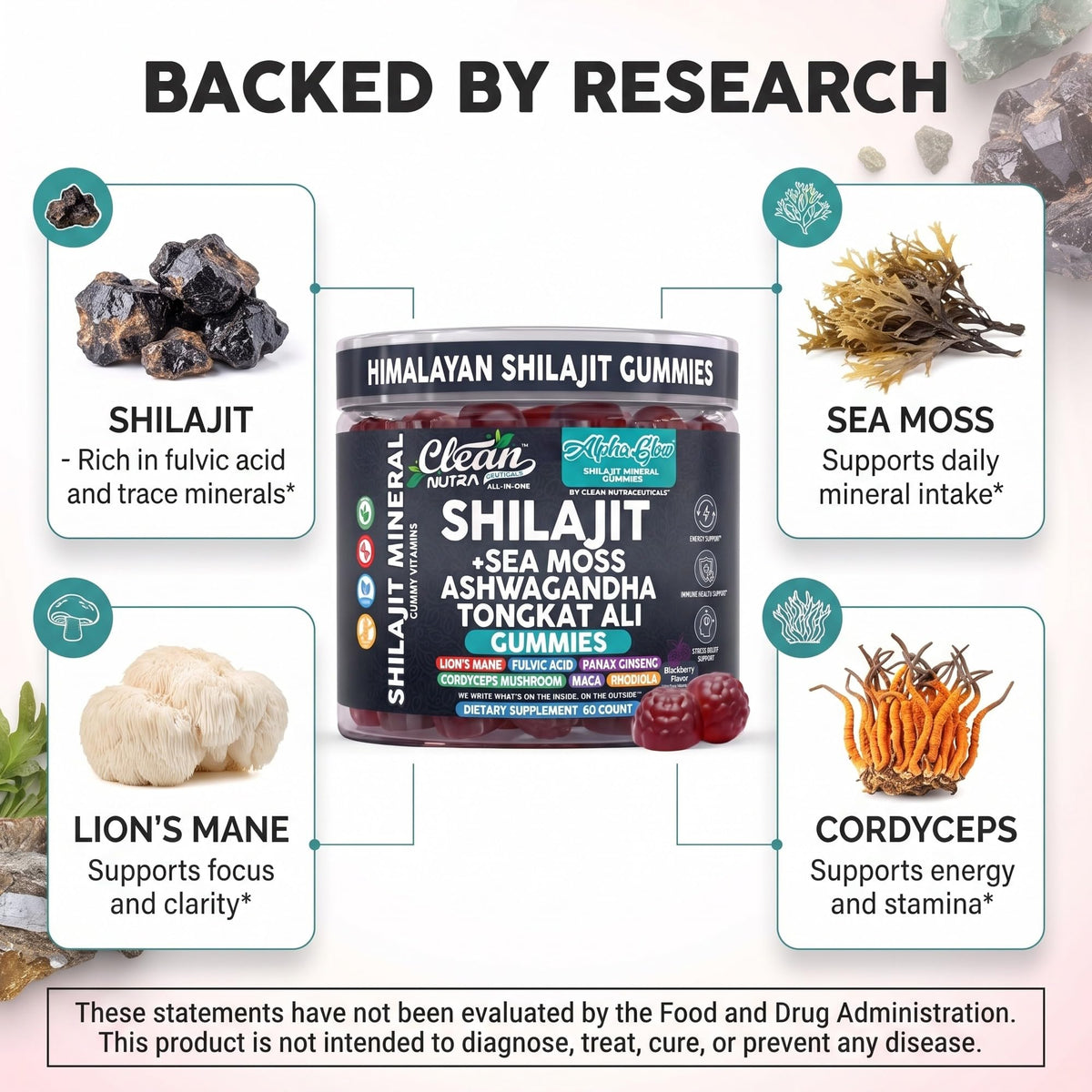Close-up of Alpha Glow Shilajit Gummies with ingredients