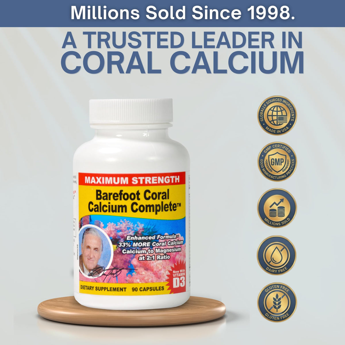 Close-up of Barefoot Coral Calcium Complete 90 capsules showing one capsule