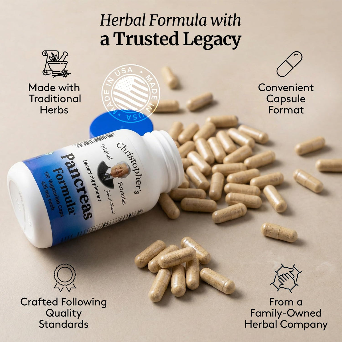 Close-up of Christopher's Original Formulas Pancreas Formula capsules