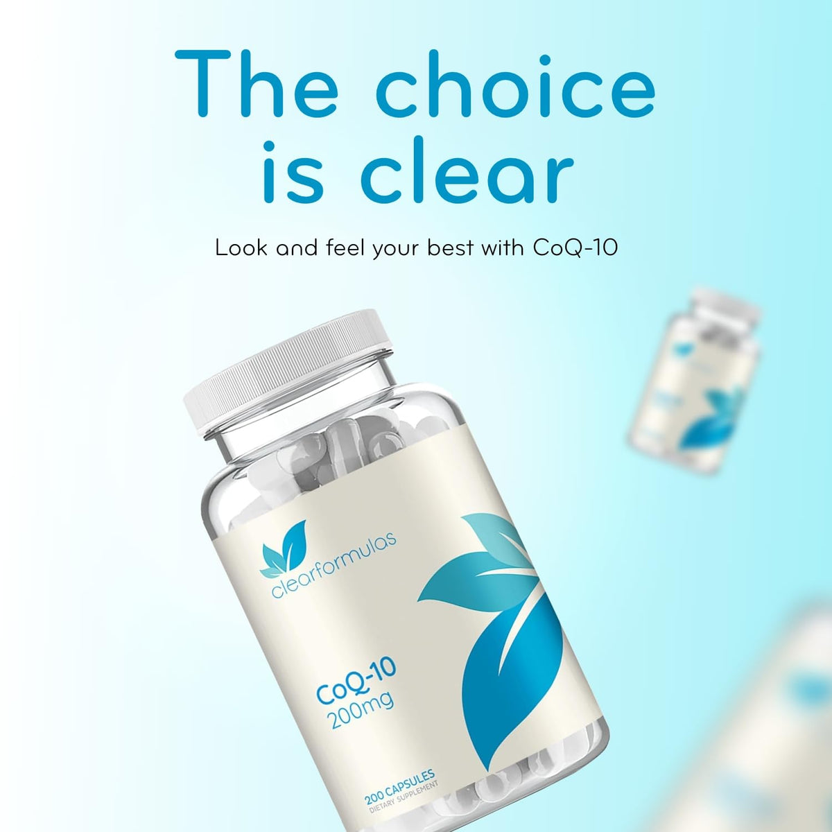 Close-up of Clear Formulas CoQ10 200mg capsules