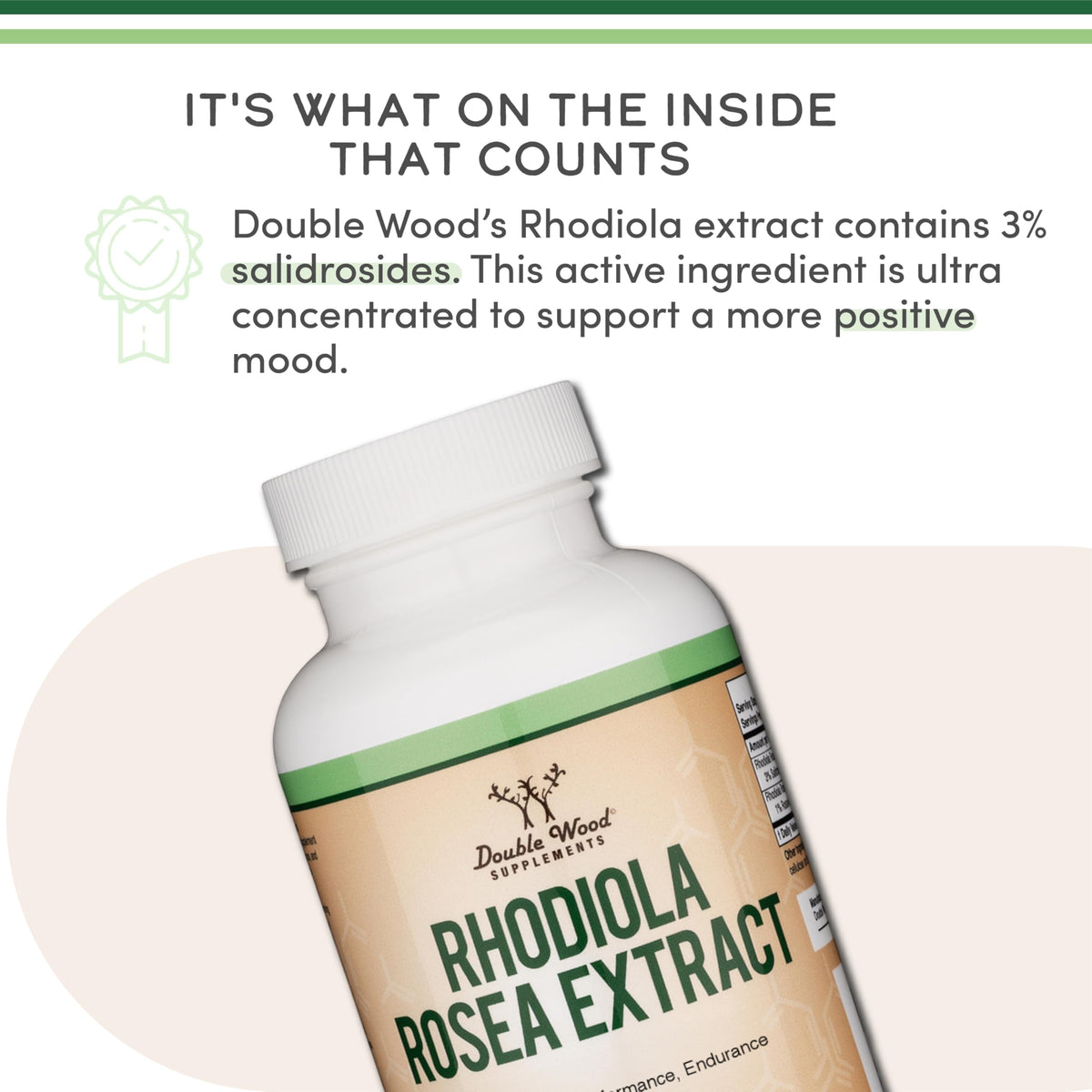 Close-up of Double Wood Rhodiola Rosea 500mg capsules on table