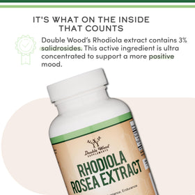 Close-up of Double Wood Rhodiola Rosea 500mg capsules on table