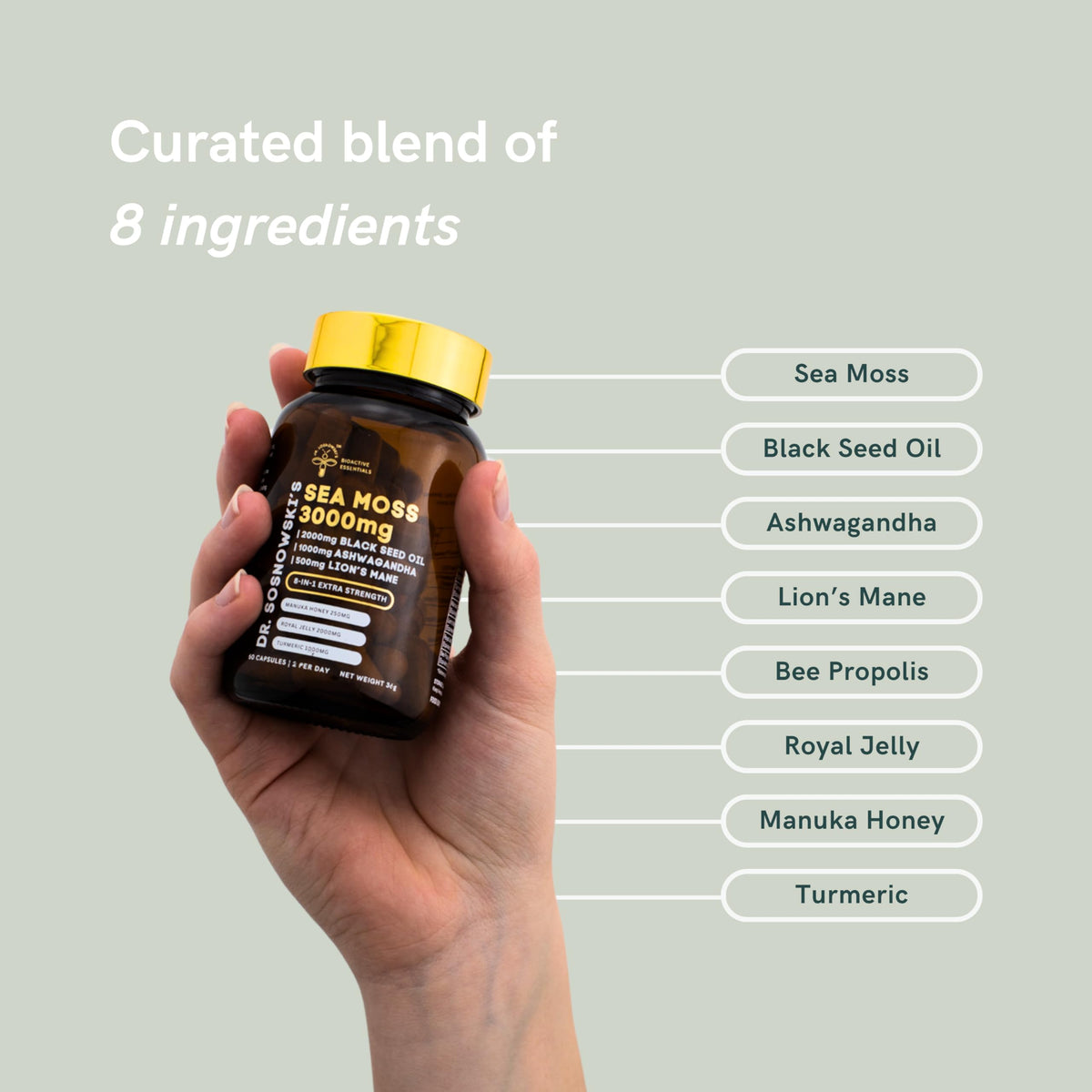 Close-up of Dr Sosnowski's BioActive Sea Moss ingredients