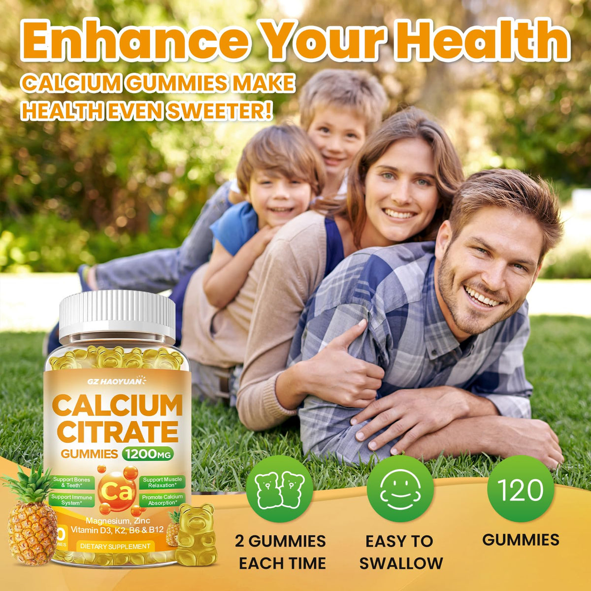 Close-up of GZ HAOYUAN Calcium Gummies with vitamins D3 and K2