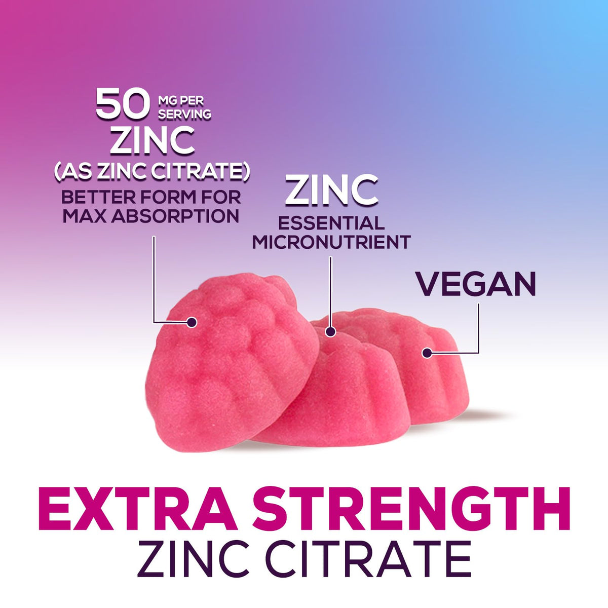 Close-up of Health Nutrition Naturals Zinc Gummies in berry flavor