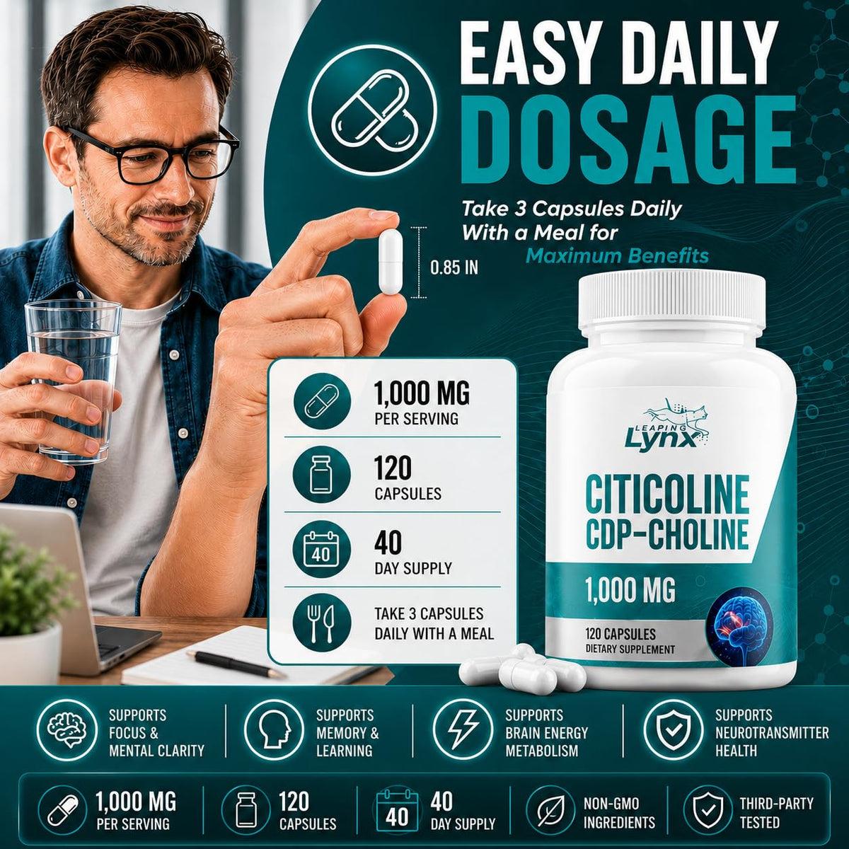 Close-up of Leaping Lynx Citicoline capsules