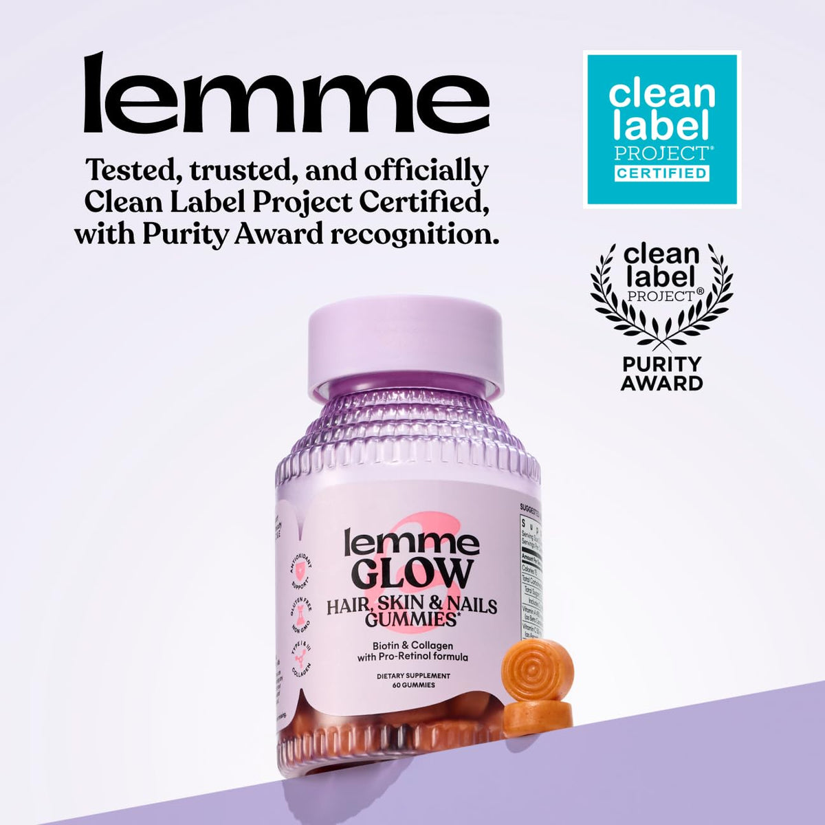 Close-up of Lemme Glow Collagen Gummies inside container