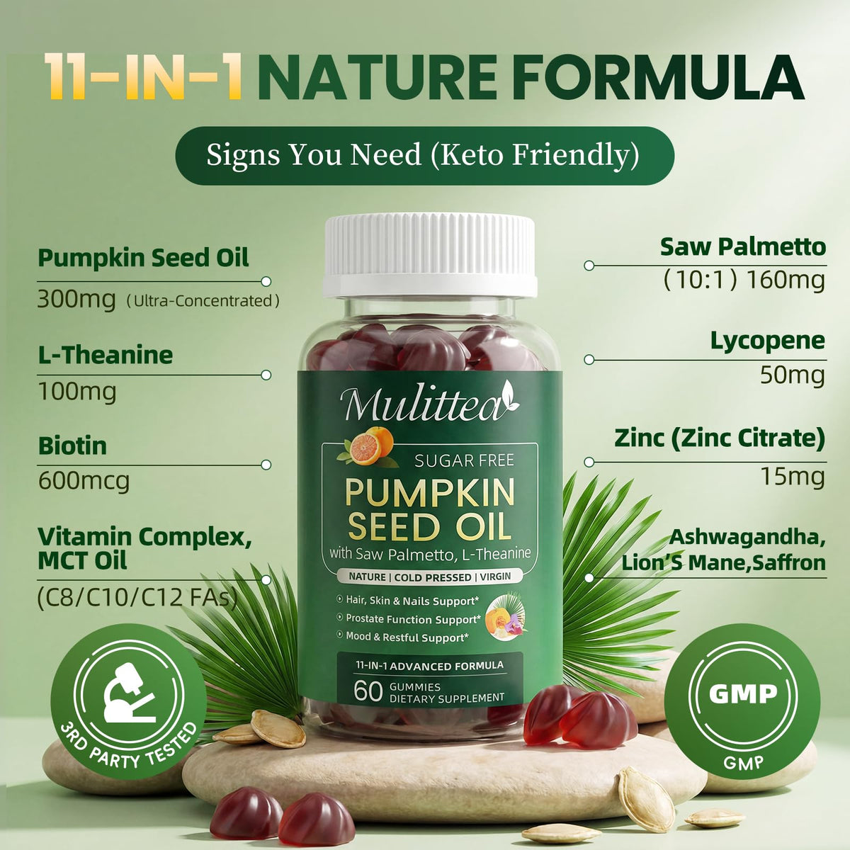 Close-up of Mulittea Gummies packaging showing ingredients
