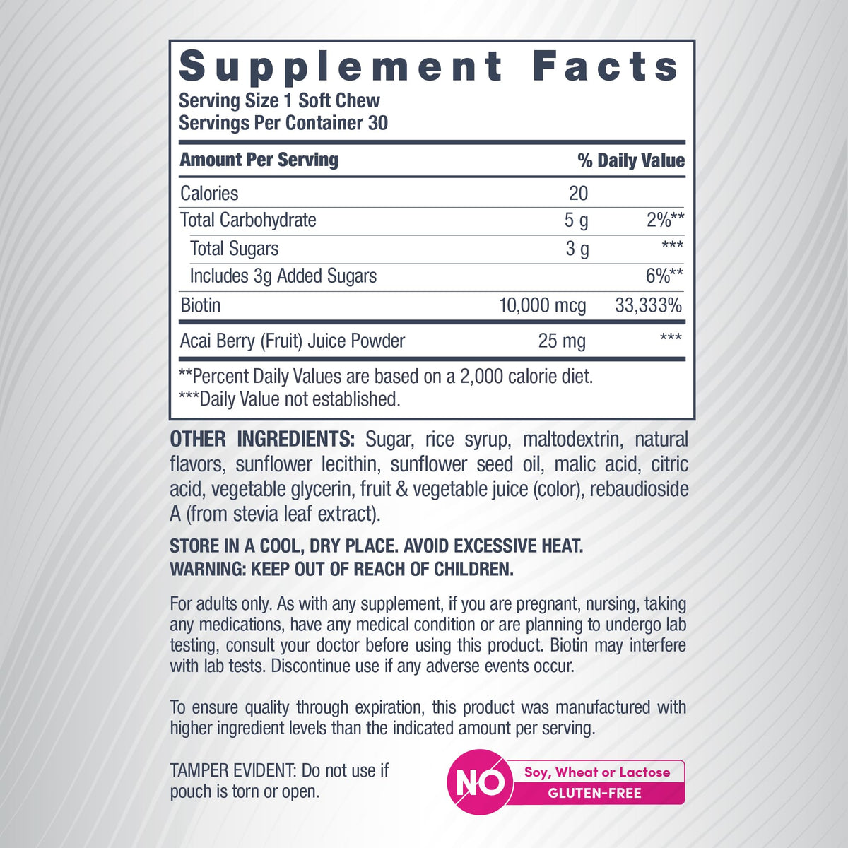 Close-up of NeoCell Biotin Beauty Soft Chews showing individual wrappers