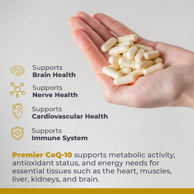 Close-up of Premier Research Labs CoQ10 capsules
