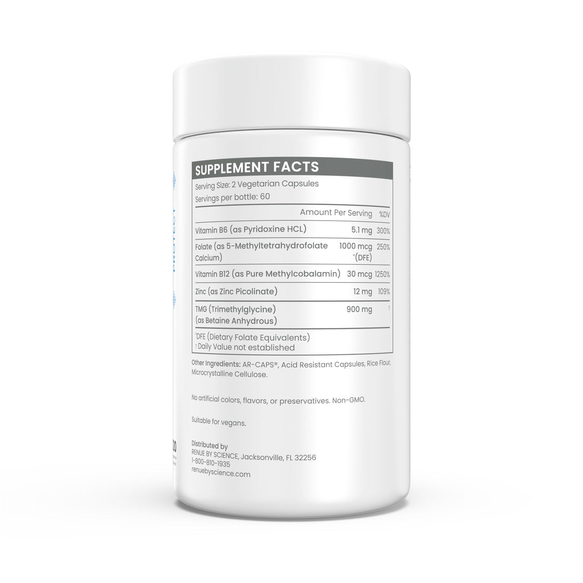 Close-up of Renue By Science TMG capsules with packaging