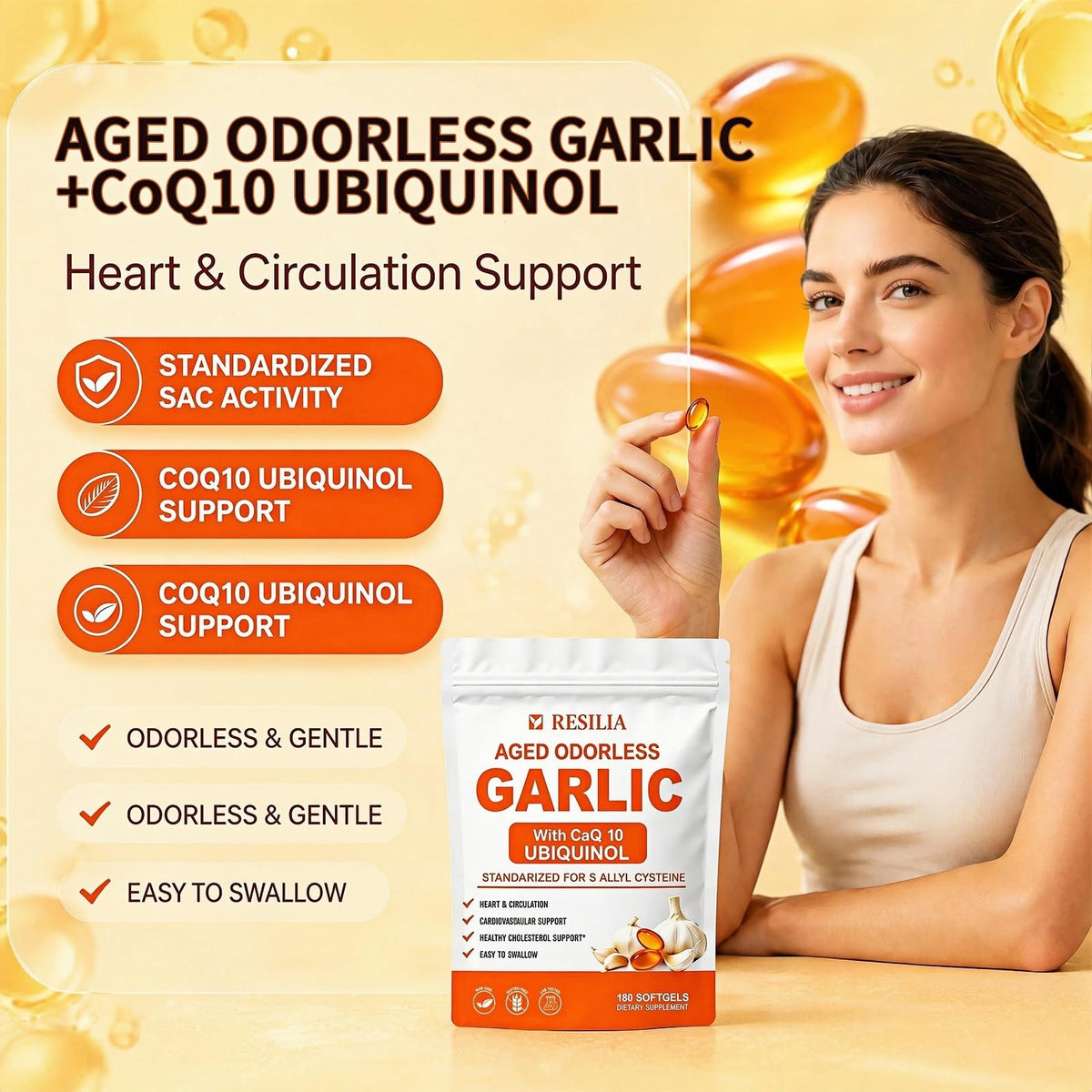 Close-up of RESILIAS garlic softgels