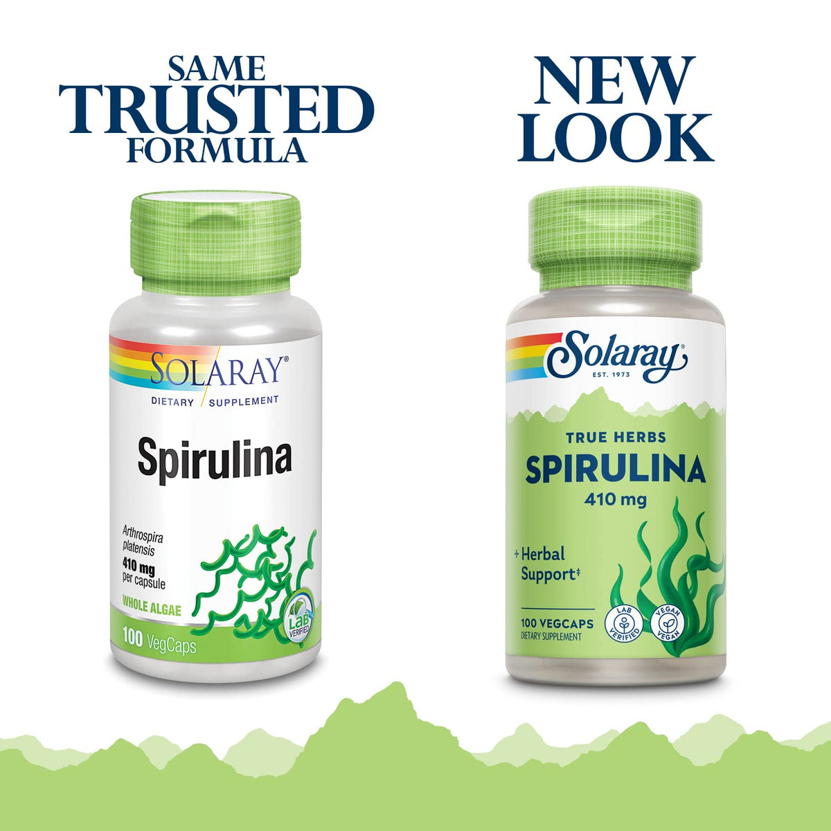 Close-up of SOLARAY Spirulina capsules on a wooden surface
