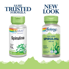 Close-up of SOLARAY Spirulina capsules on a wooden surface