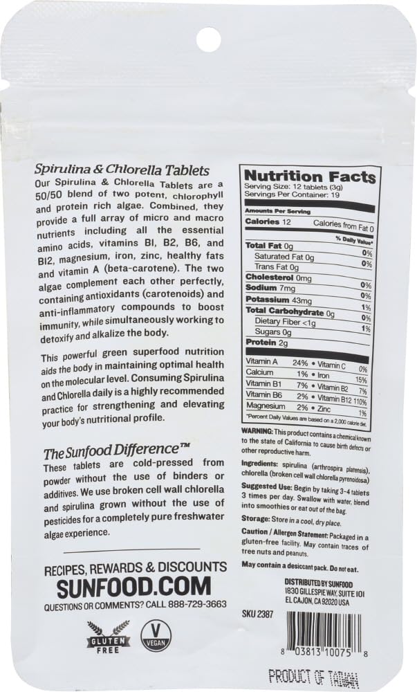 Close-up of Sunfood Superfoods Chlorella and Spirulina tablets
