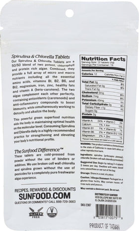 Close-up of Sunfood Superfoods Chlorella and Spirulina tablets