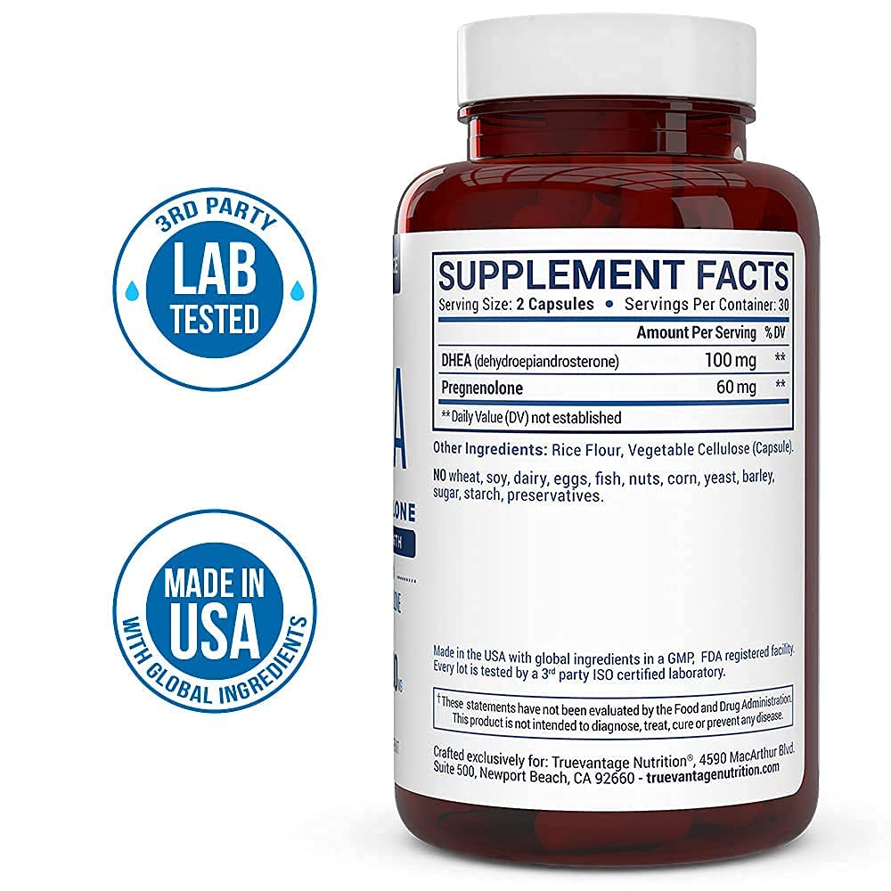 Close-up of Truevantage Nutrition DHEA capsules in hand