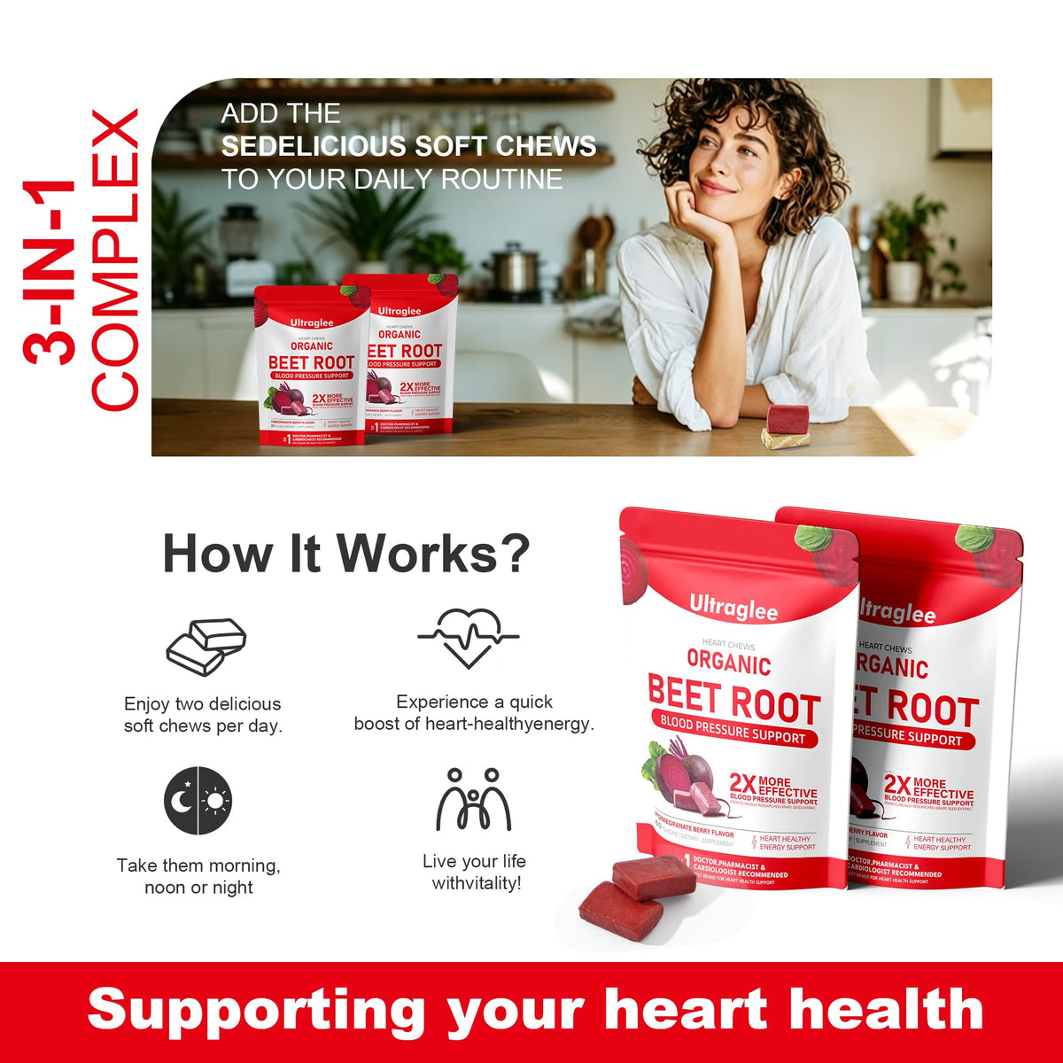 Close-up of Ultraglee Beetsroot Heart Chews gummy texture