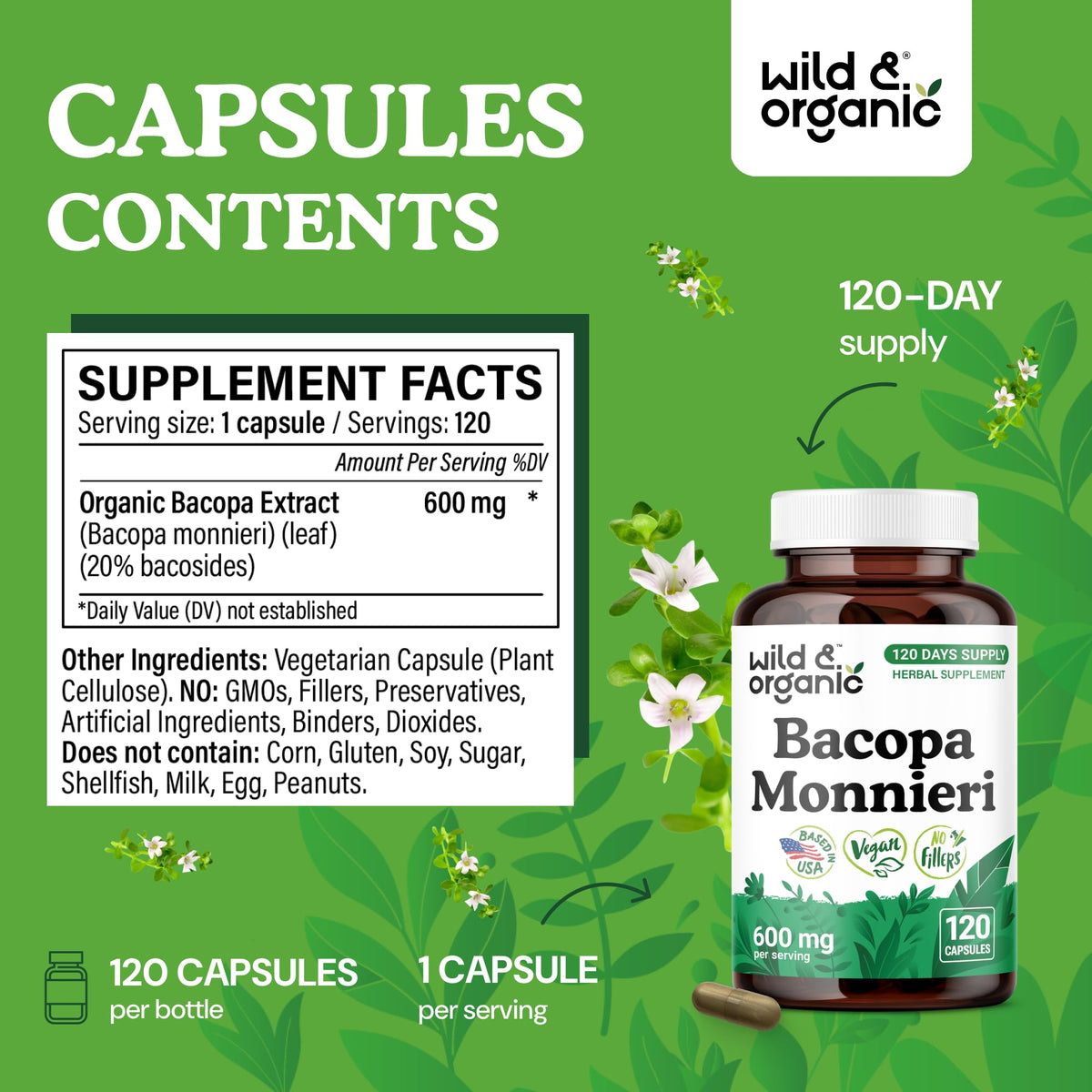 Close-up of Wild & Organic Bacopa Monnieri capsule
