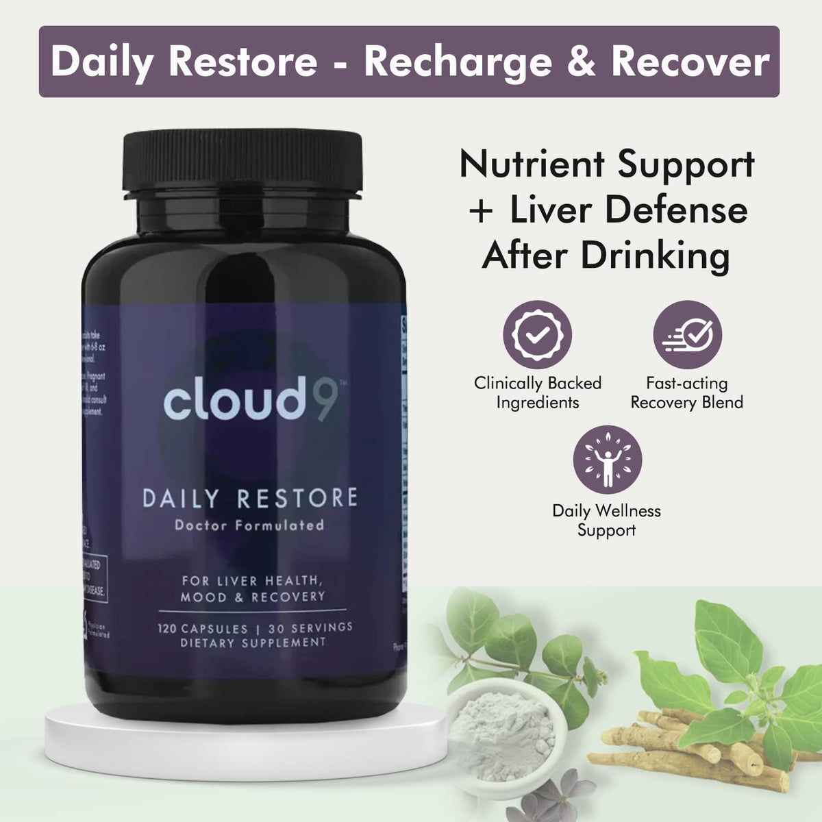CLOUD9 Daily Restore capsules près d'un verre d'eau