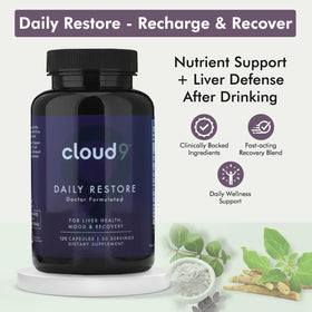 CLOUD9 Daily Restore capsules près d'un verre d'eau
