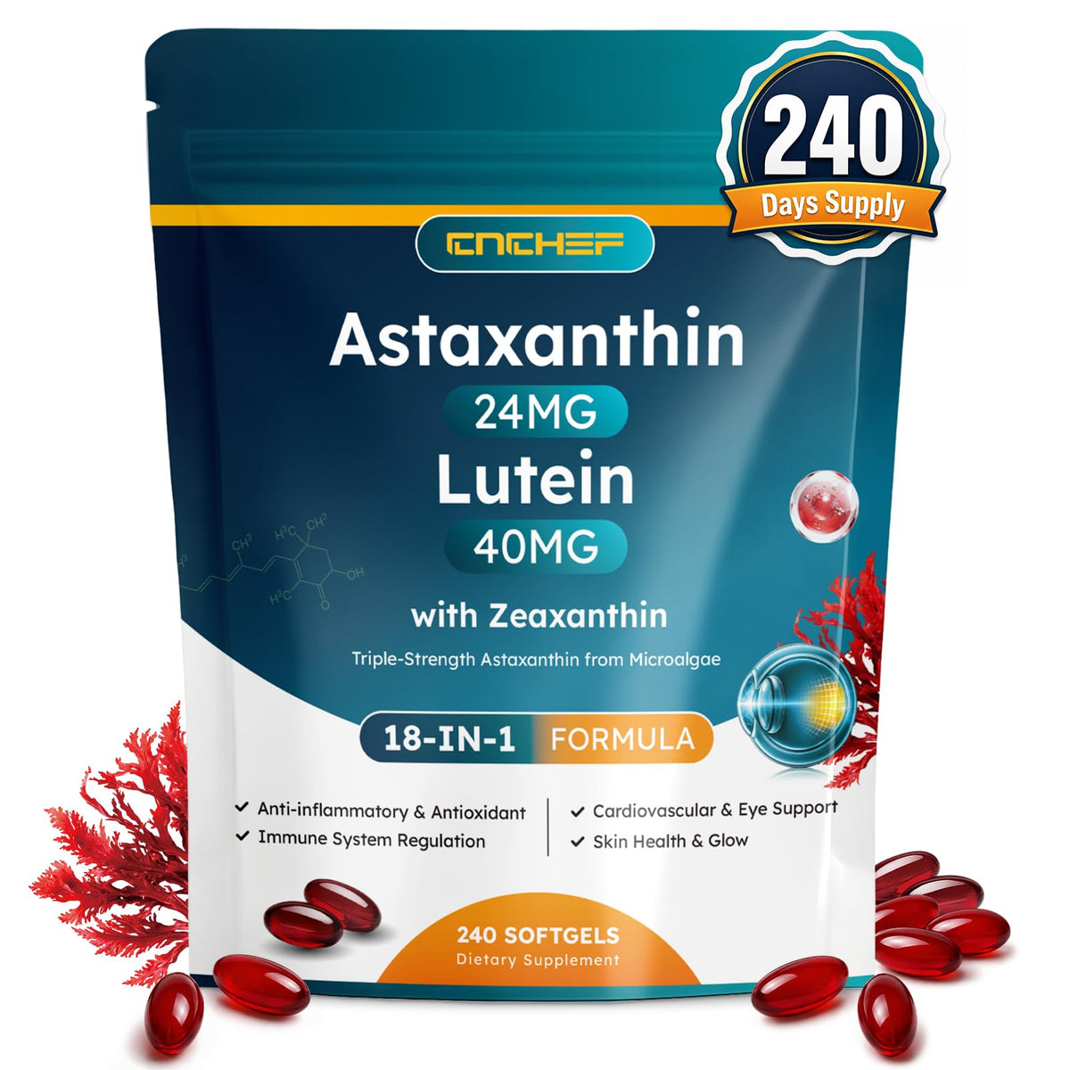CNCHEF Complément Alimentaire 18-en-1 Astaxanthine 24mg et Lutéine 40mg, sachet avant