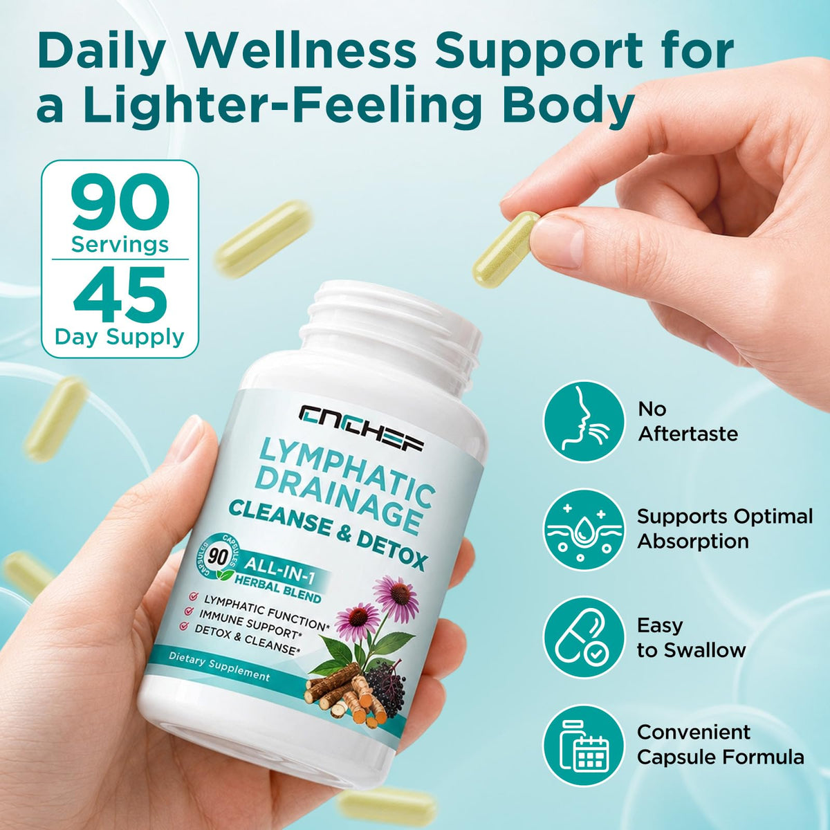 CNCHEF Complément Drainage Lymphatique 90 Capsules avec verre d'eau