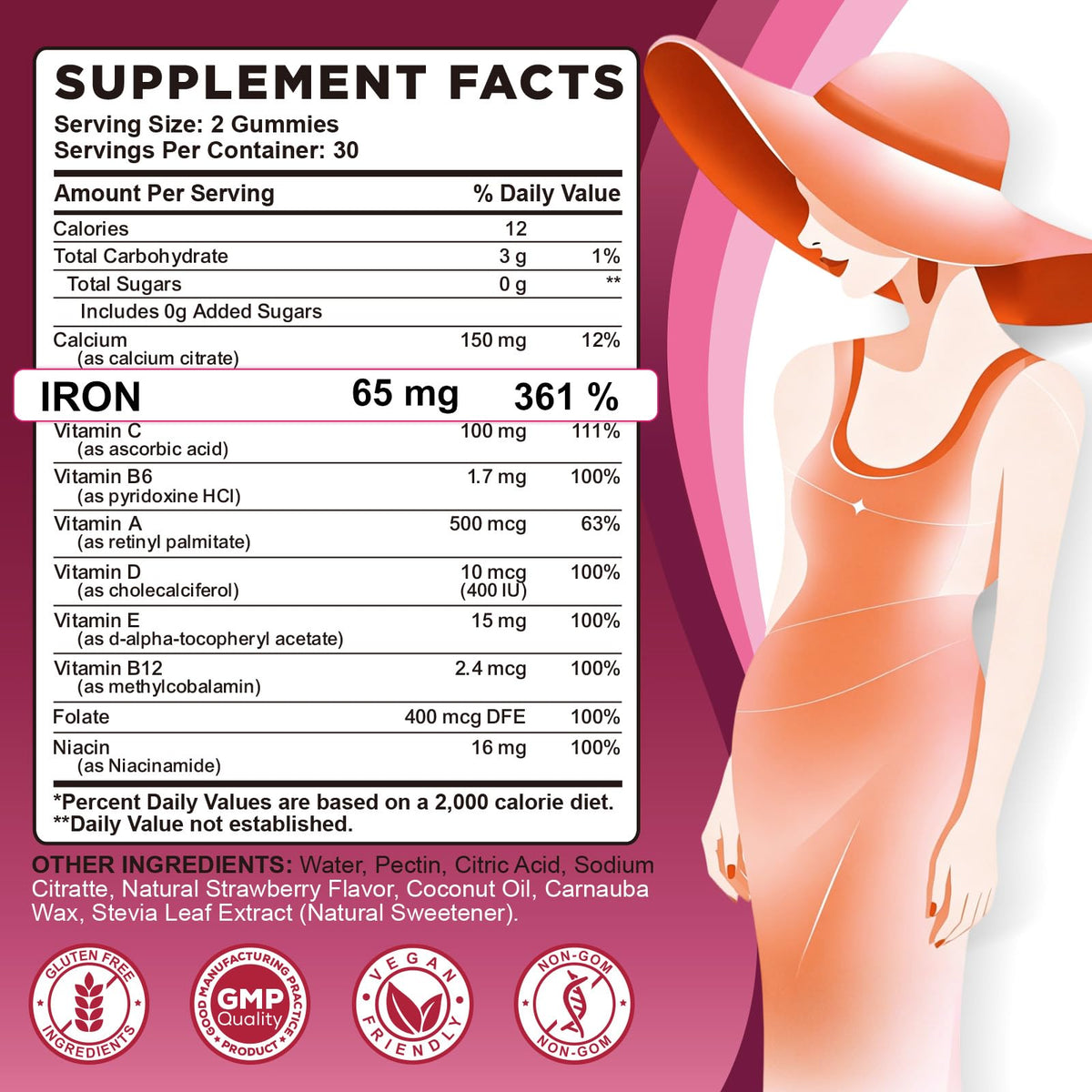 CNCHEF Gummies de Fer 65mg, côté du flacon montrant le dosage