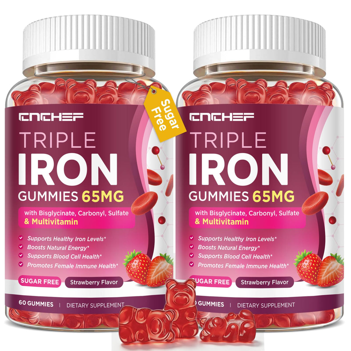CNCHEF Gummies de Fer 65mg, emballage avant avec fraise