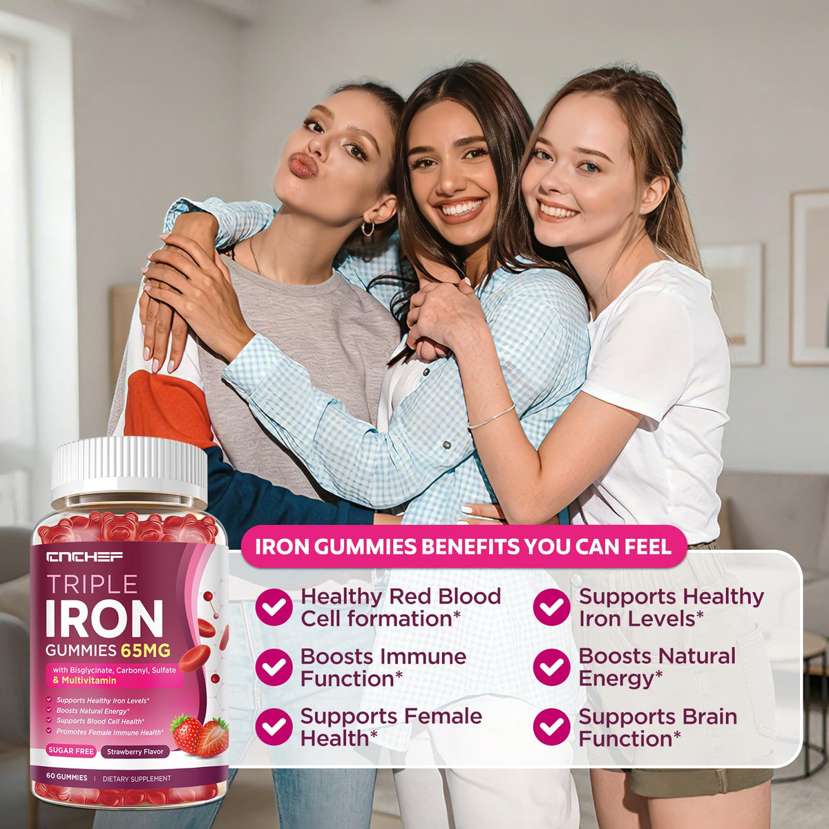 CNCHEF Gummies de Fer 65mg, gummies en forme de fraise