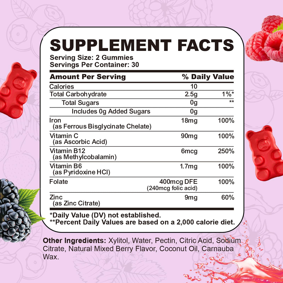 CNCHEF Gummies Fer 60 gélifiés avec informations nutritionnelles