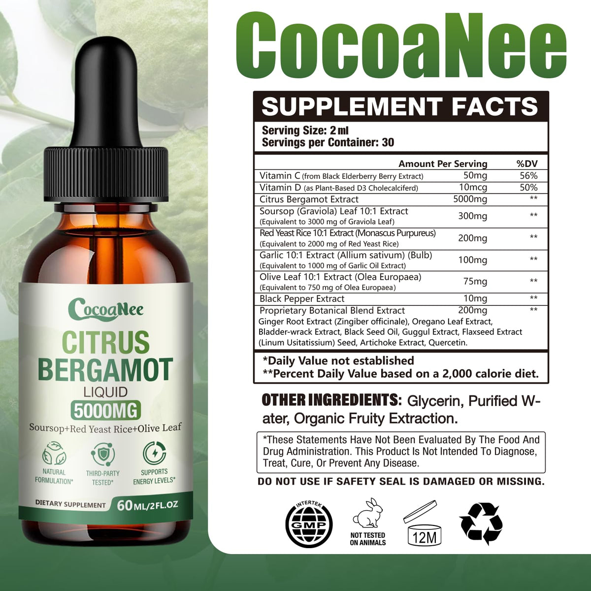 CocoaNee Citrus Bergamot 5000MG, gouttes liquides sur une table