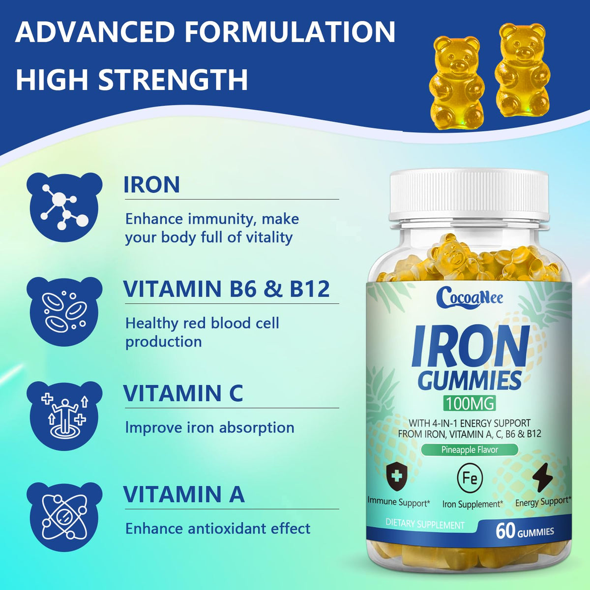 CocoaNee Fer Gummies 100MG 120 Cts ingrédients sur l'étiquette