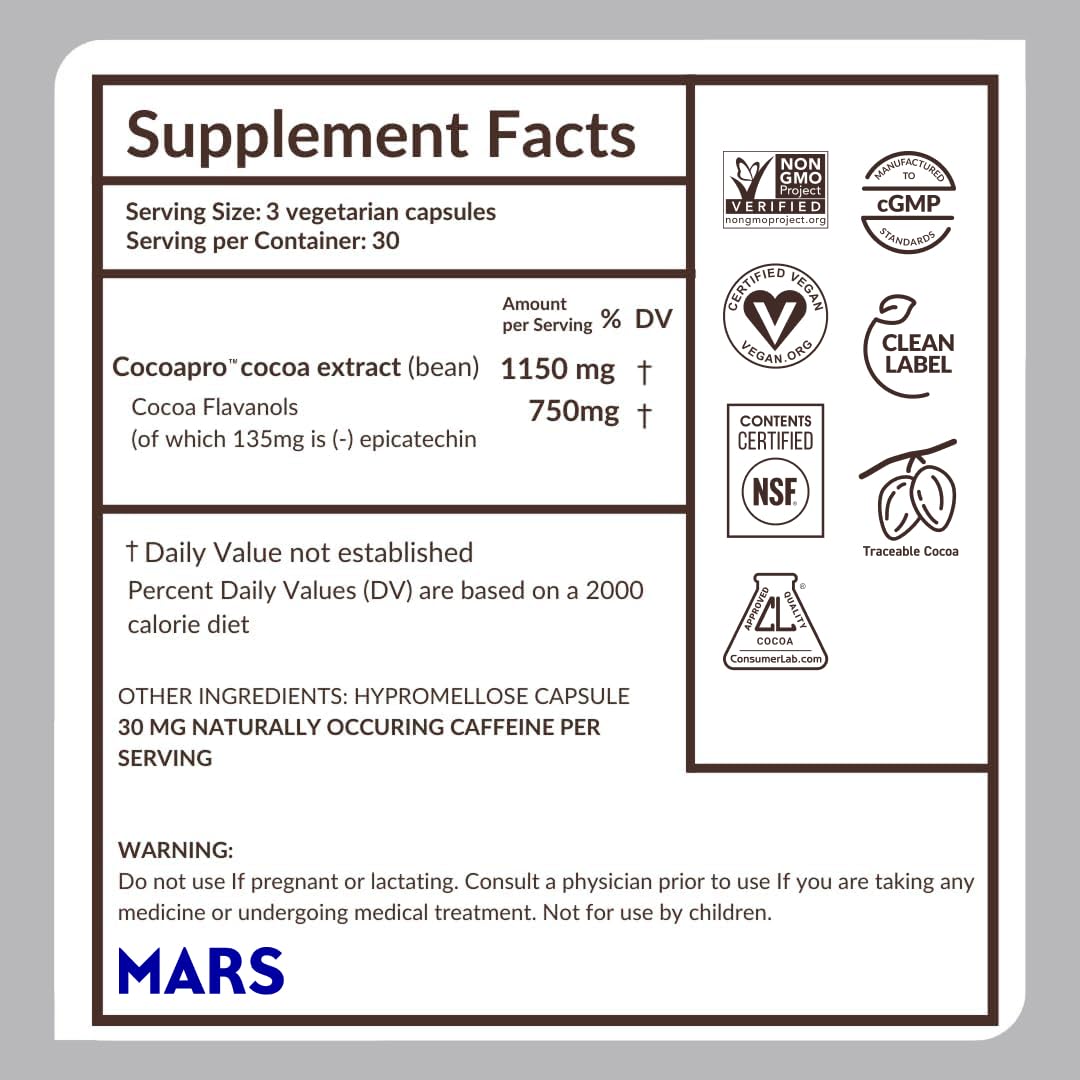 CocoaVia Flavanols 750mg en gélules avec un fond neutre