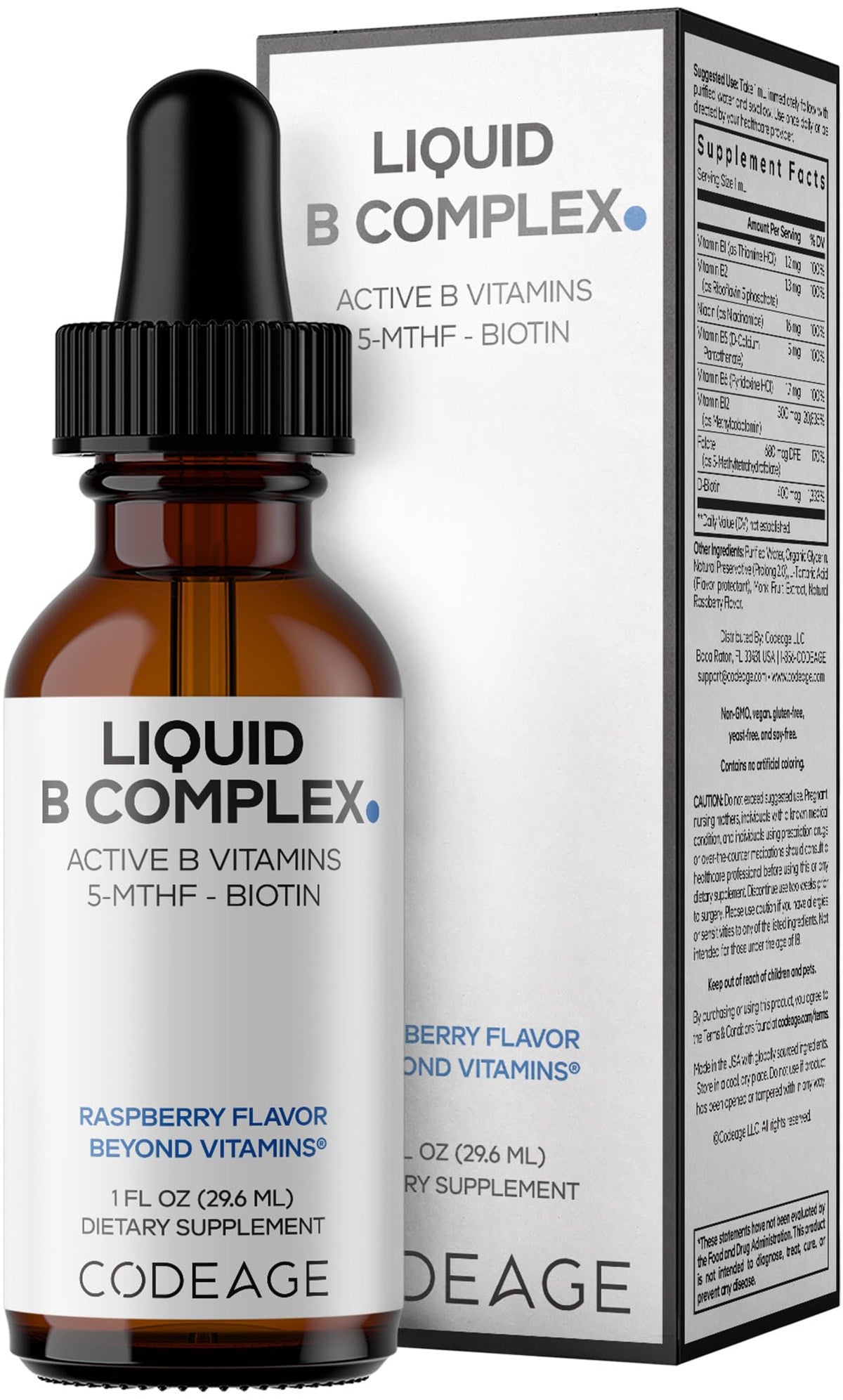 Codeage B-Complex Liquide 30 ml bouteille avec étiquette framboise