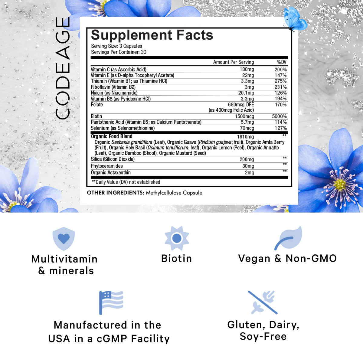 Codeage Biotine 1500 mcg capsules vegan sur fond blanc