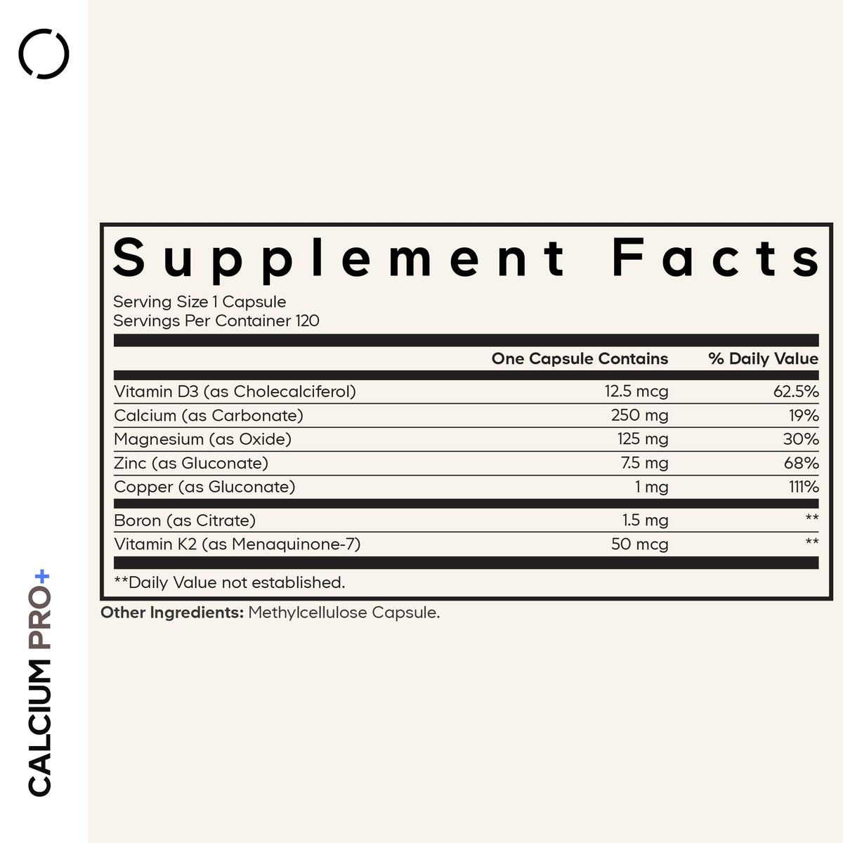 Codeage Calcium Pro+ 250mg étiquette avec ingrédients et informations
