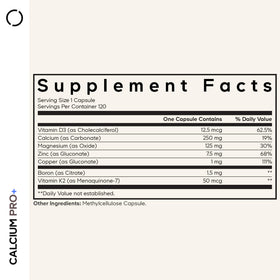 Codeage Calcium Pro+ 250mg étiquette avec ingrédients et informations