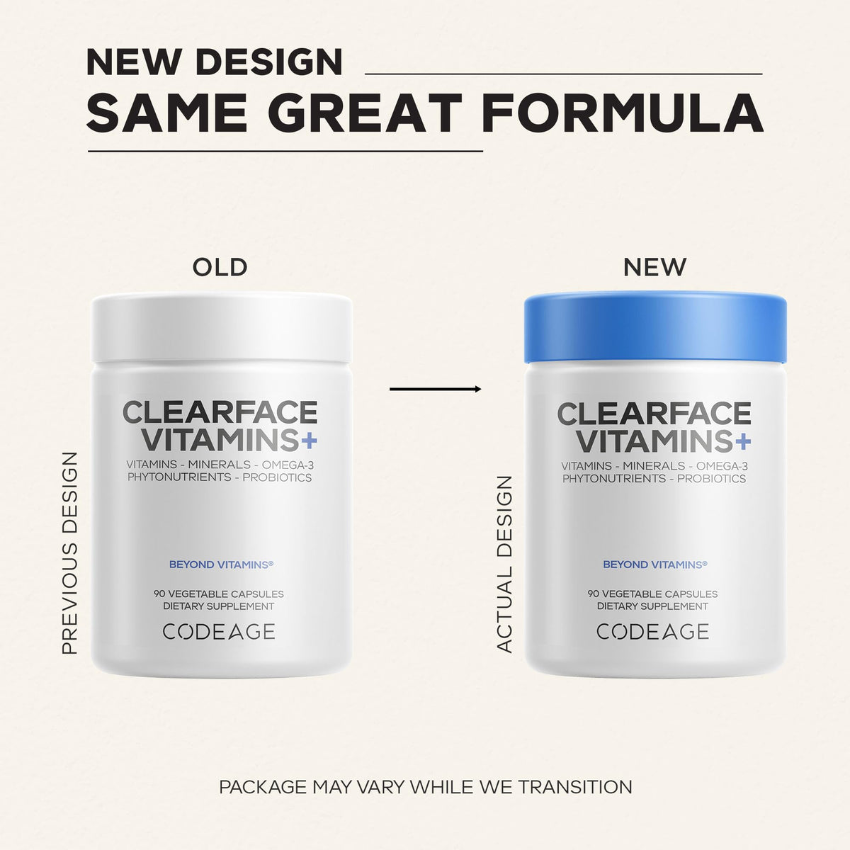 Codeage Clearface Vitamins 90 capsules présentées sur une table