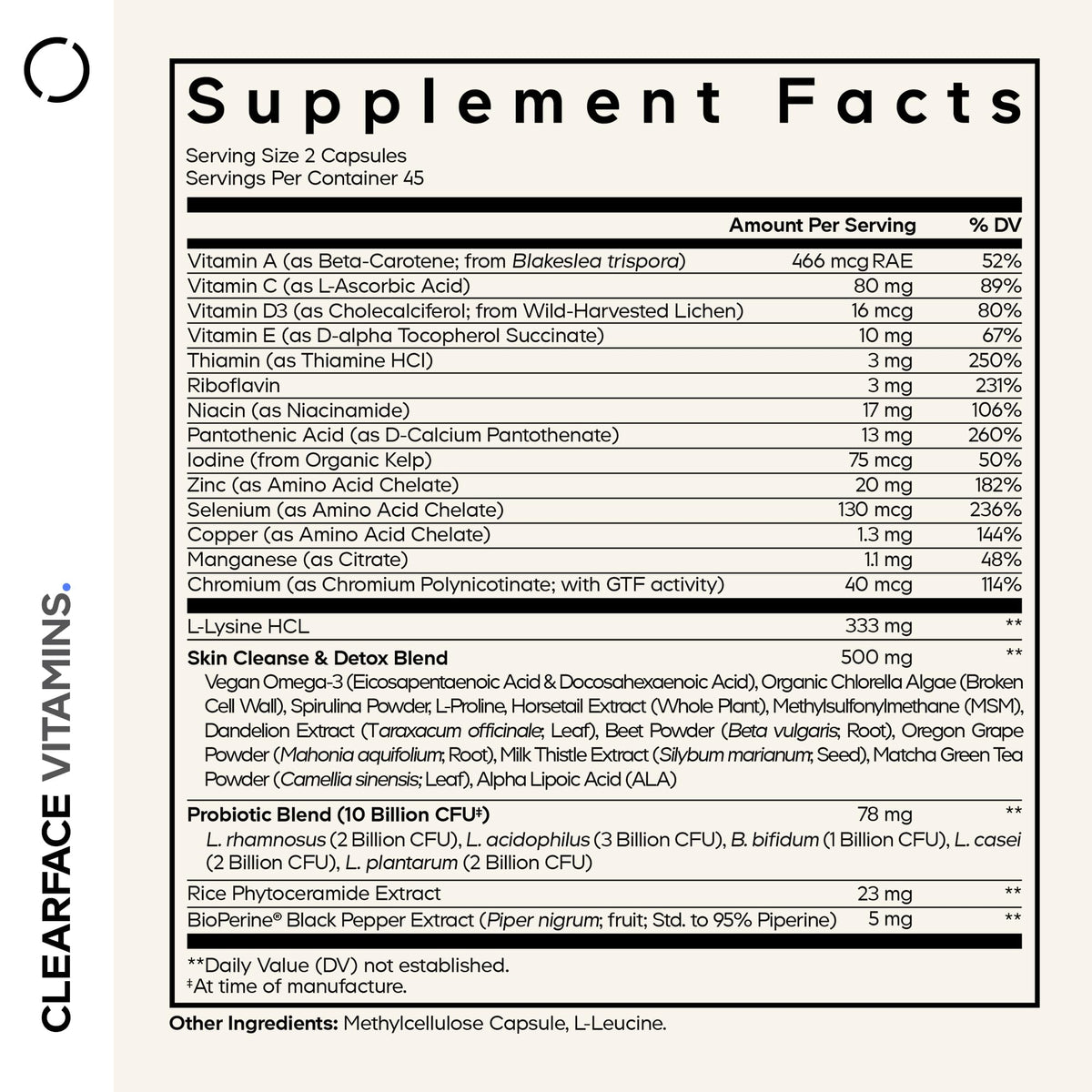 Codeage Clearface Vitamins 90 capsules vue de dos montrant les ingrédients