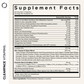 Codeage Clearface Vitamins 90 capsules vue de dos montrant les ingrédients