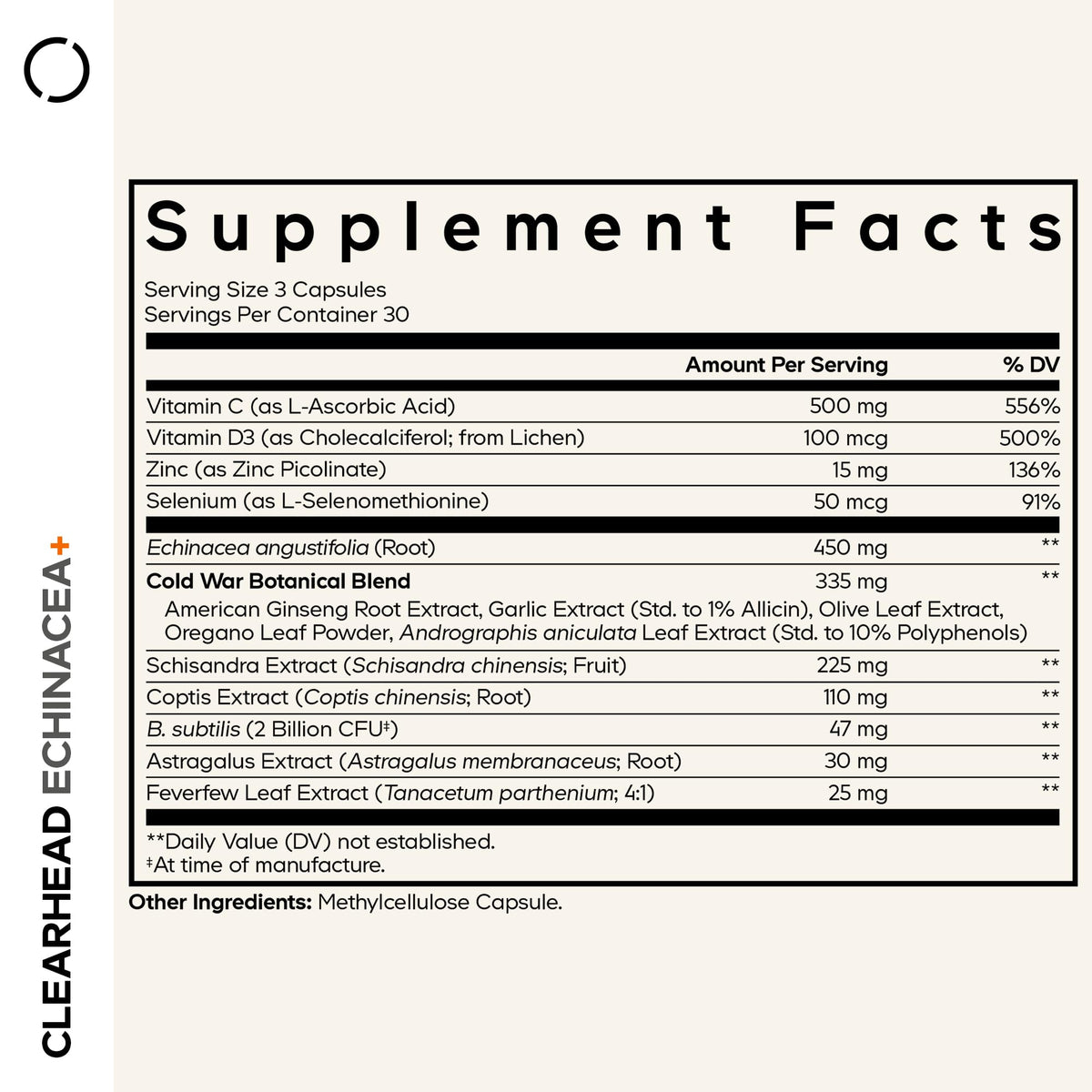 Codeage Clearhead Échinacée capsules avec étiquette