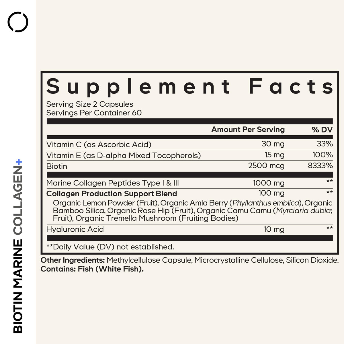 Codeage Collagène Marin Biotin 120 Capsules - étiquette avec ingrédients