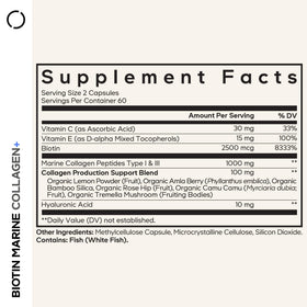 Codeage Collagène Marin Biotin 120 Capsules - étiquette avec ingrédients